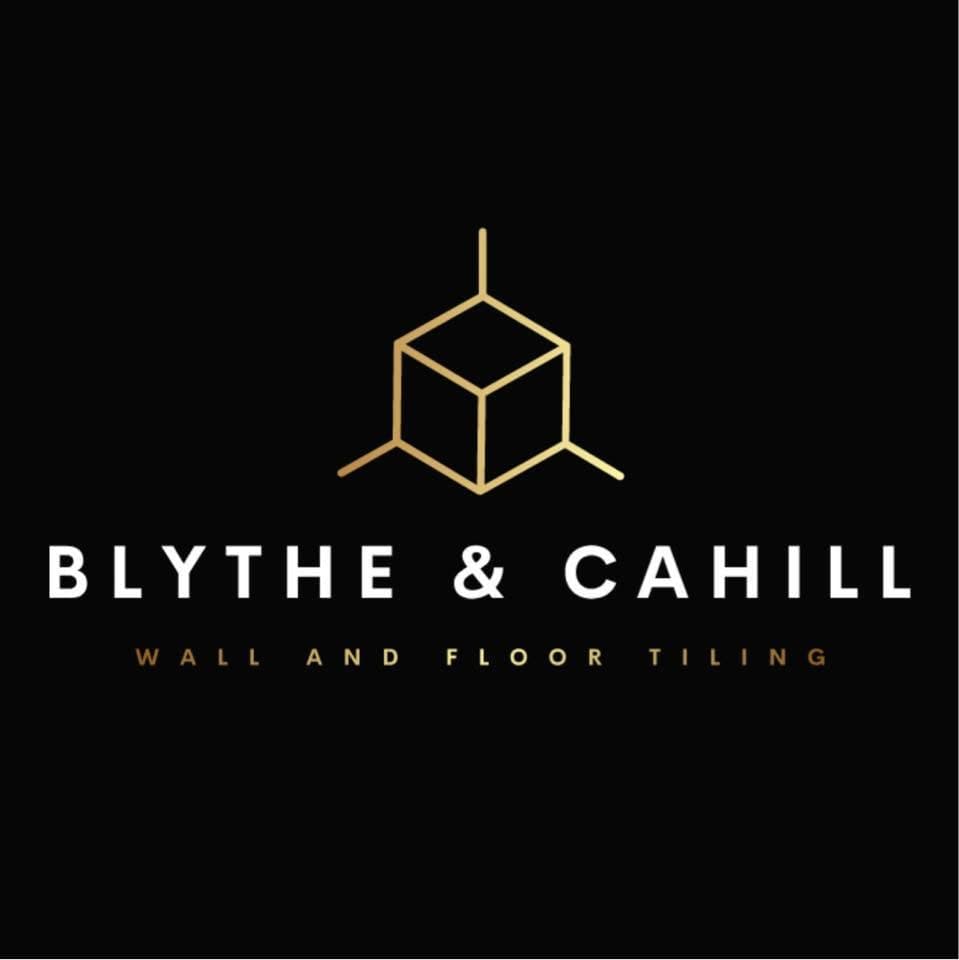 Blythe & Cahill Wall and Floor Tiling logo, a gold isometric cube above the business name, on black